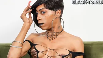 Ebony Tgirl Slim Goodie Jerks Big Cock to Explosive Cumshot