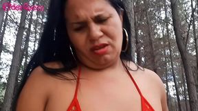 Pov cowgirl with hot mom in the middle of the forest in her red bodysuit
