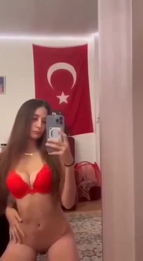 Turkish flag background, red bikini
