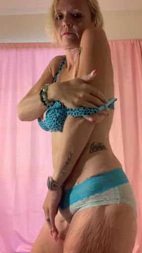 Mrs Stephanie wearing a blue bra and panty dancing until naked