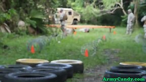 Military hunks rimming ass in outdoors orgy