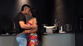 Cuckolded husband walks in on his busty Latina wife and her muscular guy friend