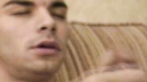 ”Unshaved young guy tugs raging prick & cums all over the place”