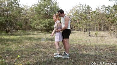 Blonde coach gets pounded in the forest then face fucked ATM