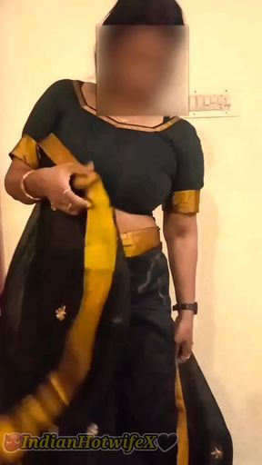 Desi Tamil Mature Wife Lux Black Saree Tease Shows Big Boobs Ass &amp; Hairy Pussy!