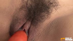 Japanese babe gets her hairy pussy invaded by vegetables and adult toys