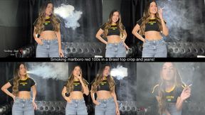 Smoking marlboro red 100s in a Brasil top crop and jeans!