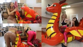 Nastya and Katya are blowing an inflatable dragon