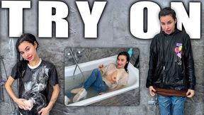 Multi Layer Shower Wetlook Jeans Ripped Tee Naked Tits, Full Clothed Start to Soaking Layers, Foam Jeans Hoodie, Scissors Rip Tits Out