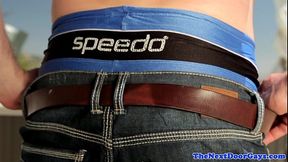 Amateur jock wanking on couch at home