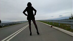 Outdoor crossdresser on public street - lingerie &amp; heels