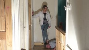 Standing On His Head On The Landing In Wooden Wedge Shoes