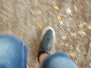 Taking my big balls and cock for a walk in the woods - almost caught