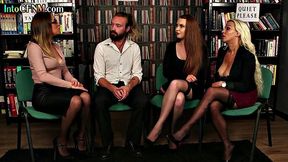 Classy CFNM babes give BJ in library
