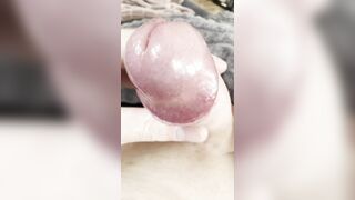 Close-up of precum drenching my dick-head