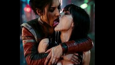 Hot lesbian deep kissing scene - Panam Palmer (Cyberpunk 2077) and Nyx Loops moaning and drooling profusely - AI Generated