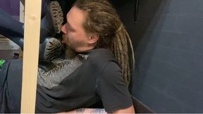 Dirty ankle boots soles licking under the table and painful abs trampling