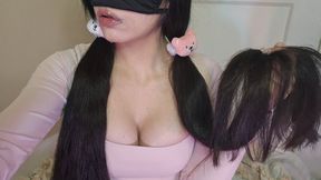 Long Black Hair Brushing & Twin Ponytails in Pink Bodysuit