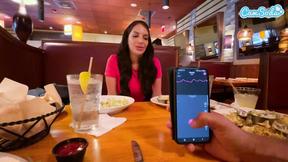 ”Cumming in Public with interactive toy at LUNCH! Public woman orgasm interactive toy”