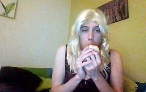 Cute sissy slut fucks and sucks big vibrator