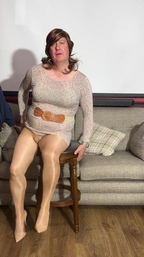 Sissy Crossdresser in Tan Pantyhose Using Her Magic Wand