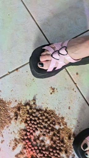 Top view CRUSHING CocoPuffs wearing cute platform Sandals