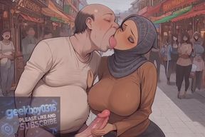 Malaysian hijab girl at street market with big breasts and big butt - ugly man, kiss, sex - hentai ai video