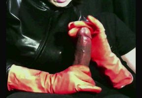 Smoking wife red rubber gloves handjob cumshot