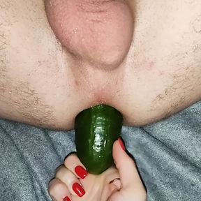 He likes big cucumber in ass, fetish, vegetable anal fuck