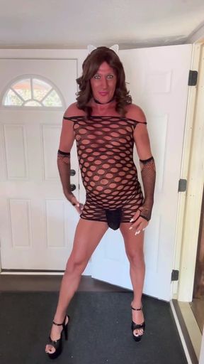 Chastity Cage and a Fishnet Dress