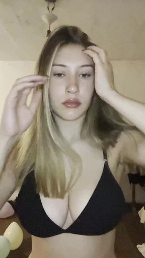 Teeny bopper shows off her perky tits in a group setting