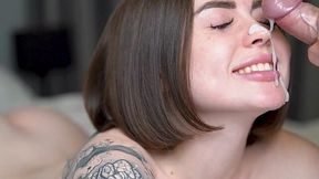 Sweet teen brunette with perfect tattooed body gives a nice head and then gets fucked