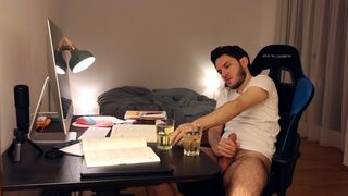 Gay student pissing and cumming in drinking glass while studying ✅