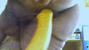 Huge yellow dildo totally disappears in my old hairy asshole