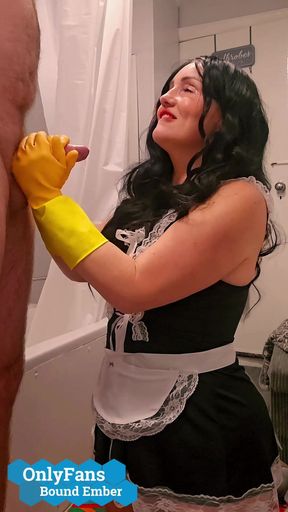 Chubby MILF Maid Bound Ember, Gives Handjob to Hotel Guest in Rubber Gloves Then Takes a Cumshot Facial