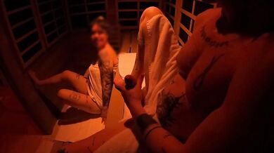 Caught Jerking Big Cock In Sauna MILF Sucks And Fucks Raw