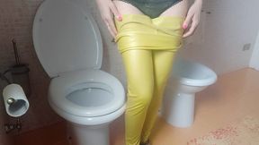 Pee with my yellow leather leggins