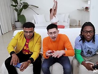 Stepmom takes two cocks while nerdy son plays games