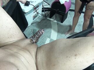 My Thong On Stories - I Pegg him & MAKE him CUM thru a CAGE b4 I SUCK HIM OFF & gulp it. side POV.