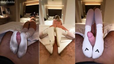 Blondie gags on thick white socks in footjob heaven