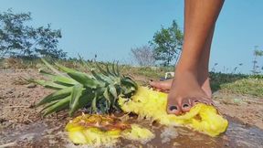 Crushing a large Pineapple barefoot