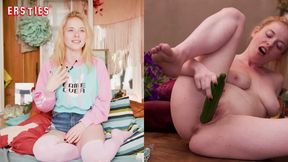 Busty blonde German amateur Mia A masturbates on kitchen table