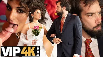 Bride in white stockings dominates her fiancee's friend on wedding day