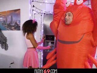 Black stepdaughter and her stepmother tempt and bang with her boyfriend who is clothed in lobster suit