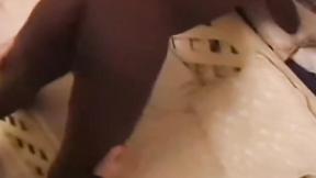 ”Ebony babe sprayed with cum after BJ & hard prick pounding”