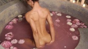 Teen tranny soaks wet in filthy bath then gushes thick cumshot
