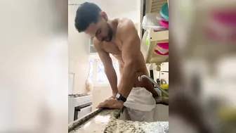 Muscular tattooed guy rough bareback fucks sex doll in kitchen