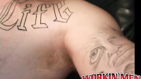 Tattooed homosexual man plays with his bushy cock & cums