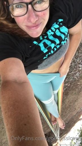 Relaxing in my hammock in my favorite athletic yoga pants is even more delightful with a flash of pussy. You’d think the neighbors would stop and look!