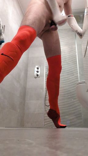 Teasing out cum with tight, cotton socks as gloves